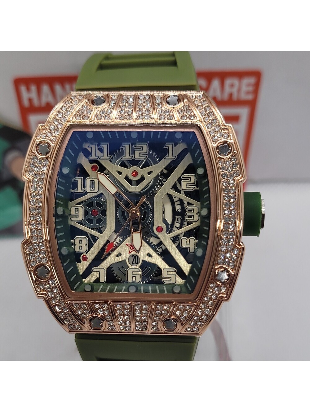 428 aj quality watches luxury tonneau analog green rubber gold men's wristwatch